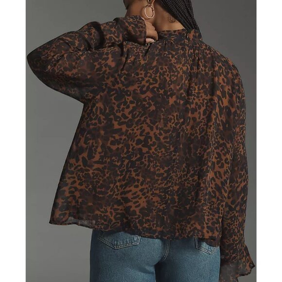 Maeve Anthropologie Animal Print Blouse Top Women's 1X Brown Black Flared Sleeve - Picture 3 of 16